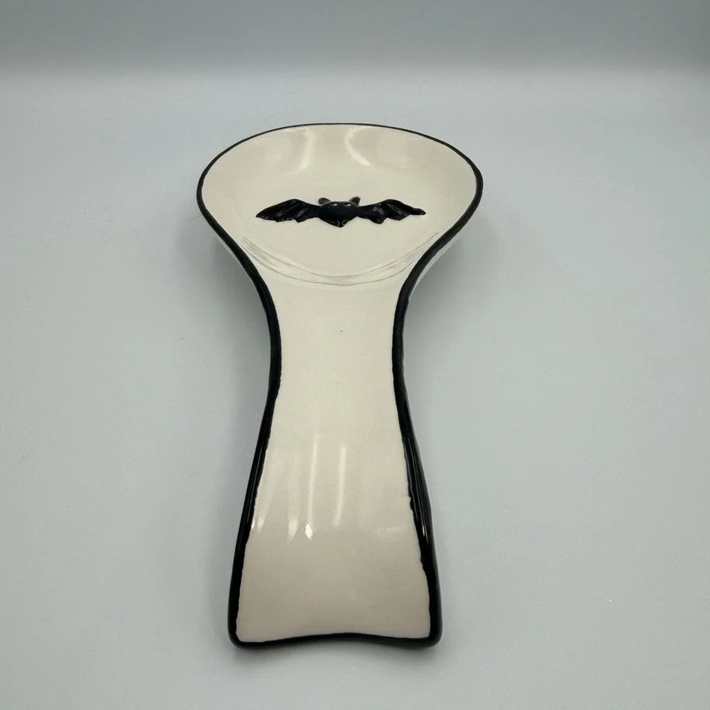 Halloween Bats Black White Ceramic Spoon Rest Spooky Fun 9.5